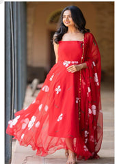 Designer Georgette Printed Red Color Gown