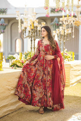 Embellished Digital printed Red Color Anarkali Suit