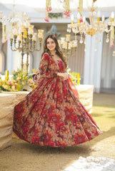 Embellished Digital printed Red Color Anarkali Suit