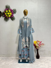 Designer Embroidered Work With Revet Moti Gary Color Koti With Gown