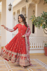 Outstanding Embroidery Zari Sequins-work Red Color Gown