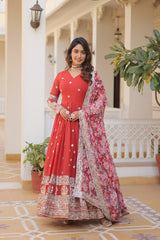 Outstanding Embroidery Zari Sequins-work Red Color Gown
