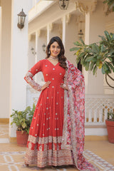 Outstanding Embroidery Zari Sequins-work Red Color Gown
