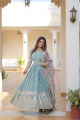 Outstanding Embroidery Zari Sequins-work Sky Blue Color Gown
