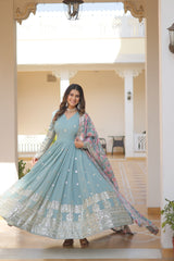 Outstanding Embroidery Zari Sequins-work Sky Blue Color Gown