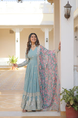 Outstanding Embroidery Zari Sequins-work Sky Blue Color Gown