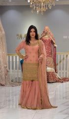 Captivating Peach Color Embroidery Sequence Work Sharara Suit