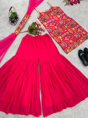 Ravishing Digital Print And Real Mirror Pink Color Sharara Suit