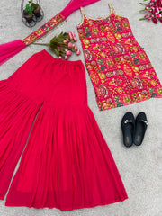 Ravishing Digital Print And Real Mirror Pink Color Sharara Suit