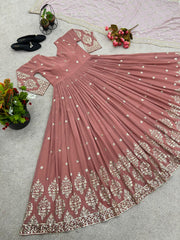 Mesmerizing Embroidery Sequence Work Peach Color Long Gown