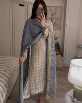 Pretty Sequence Work White Color Suit With Grey Dupatta
