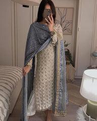 Pretty Sequence Work White Color Suit With Grey Dupatta