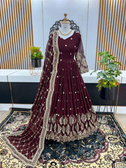 Mesmerizing Embroidery Sequence Work Maroon Color Gown