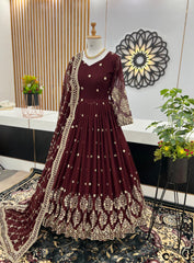 Mesmerizing Embroidery Sequence Work Maroon Color Gown