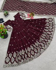 Mesmerizing Embroidery Sequence Work Maroon Color Gown