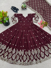 Mesmerizing Embroidery Sequence Work Maroon Color Gown
