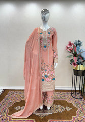Glimmering Embroidery Sequence Work Peach Color Anarkali Suit