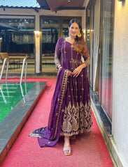 Embellished Party Wear Sequence And Embroidery Work Purple Color Long Gown