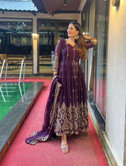 Embellished Party Wear Sequence And Embroidery Work Purple Color Long Gown