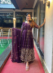 Embellished Party Wear Sequence And Embroidery Work Purple Color Long Gown
