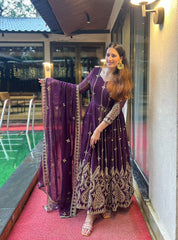 Embellished Party Wear Sequence And Embroidery Work Purple Color Long Gown