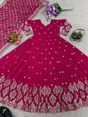 Mesmerizing Embroidery Sequence Work Pink Color Long Gown