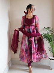 Fabulous Digital Printed Organza Silk Pink Color Gown