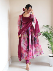 Fabulous Digital Printed Organza Silk Pink Color Gown