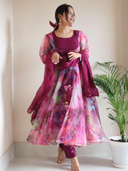 Fabulous Digital Printed Organza Silk Pink Color Gown