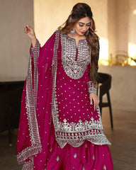 Decent Embroidery Sequence Work Pink Color Sharara Suit