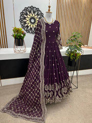 Captivating Embroidery Sequence Work Purple Color Gown