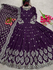 Captivating Embroidery Sequence Work Purple Color Gown