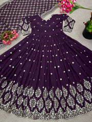 Captivating Embroidery Sequence Work Purple Color Gown