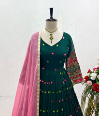Designer Sequence Embroidery Work Green Color Long Gown