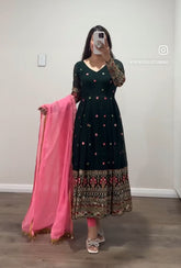 Designer Sequence Embroidery Work Green Color Long Gown