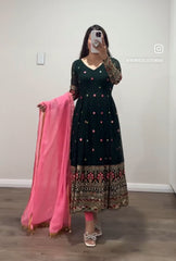 Designer Sequence Embroidery Work Green Color Long Gown