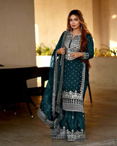Decent Embroidery Sequence Work Rama Color Sharara Suit