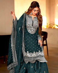 Decent Embroidery Sequence Work Rama Color Sharara Suit