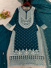 Decent Embroidery Sequence Work Rama Color Sharara Suit