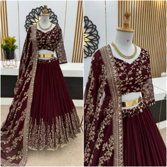 Captivating Maroon Color Heavy Embroidery Sequence Work Lehengha Choli
