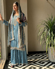 Stylish Embroidery Sequins Work Sky Blue Color Anarkali Suit