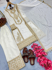 Beautiful  Embroidery Sequence Work White Color Anarkali Suit