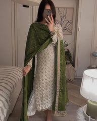 Pretty Sequence Work White Color Suit With Green Dupatta