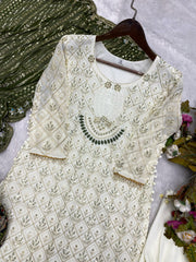 Pretty Sequence Work White Color Suit With Green Dupatta
