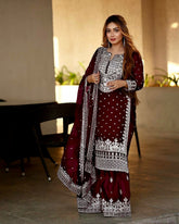 Decent Embroidery Sequence Work Maroon Color Sharara Suit