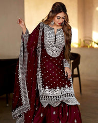 Decent Embroidery Sequence Work Maroon Color Sharara Suit