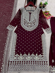 Decent Embroidery Sequence Work Maroon Color Sharara Suit