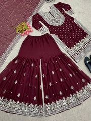 Decent Embroidery Sequence Work Maroon Color Sharara Suit