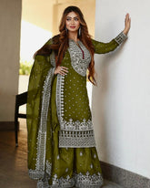 Decent Embroidery Sequence Work Mehndi Color Sharara Suit