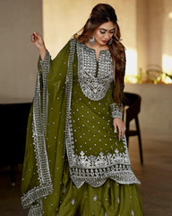 Decent Embroidery Sequence Work Mehndi Color Sharara Suit